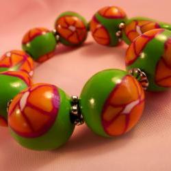 Polymer bangle bracelet, Stretchy polymer bangle, green, tangerine, orange, white. handmade.